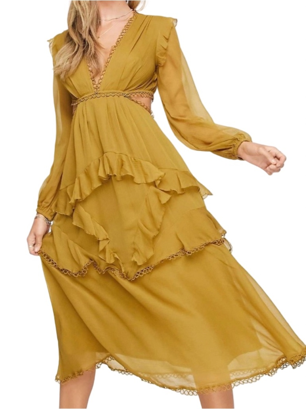🌞 ASOS Mustard Ruffle Cutout Tiered‎ Midi Dress with Lace Trim 🌞